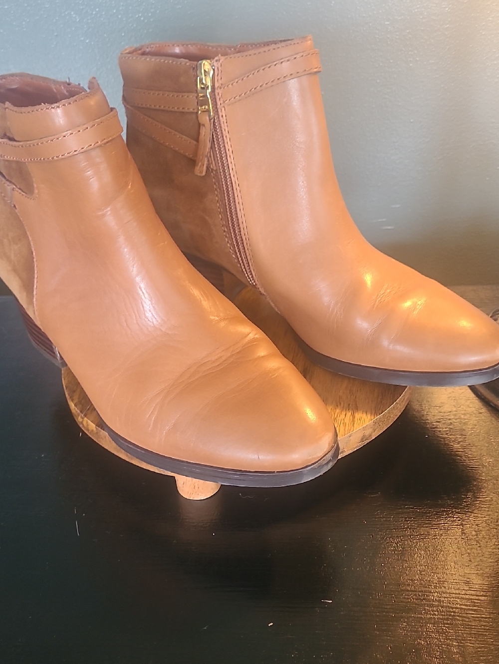 Ralph Lauren Cognac Leather Ankle Booties with Side Zip